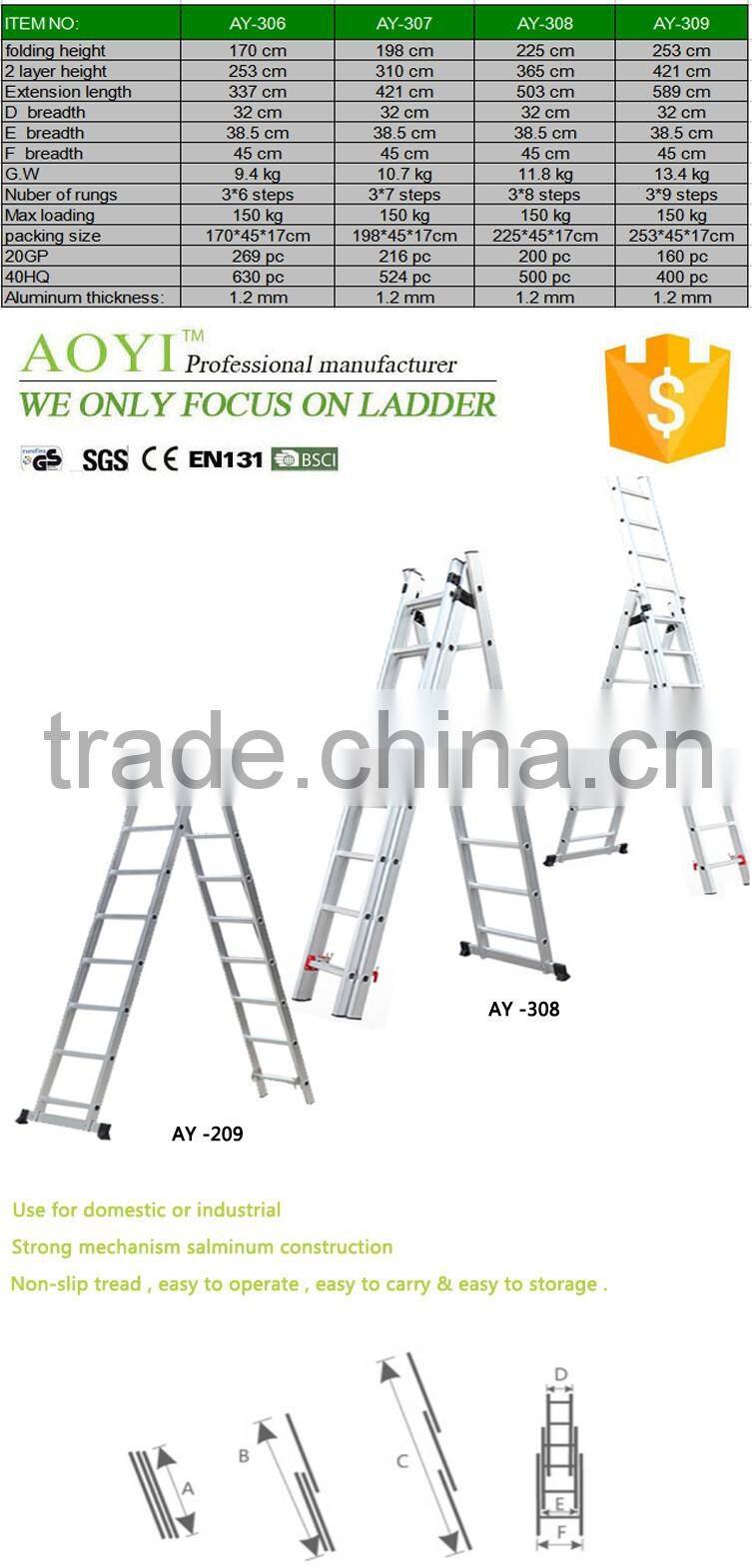 YK New 3*8 steps folding strong construction aluminum triple extension ladders