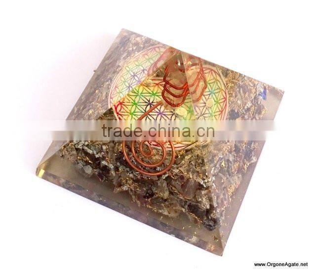 Big Orgone Energy Blue Aventurine Pyramid With Flower Of Life Symbol And Crystal Point | Flower Of Life Pyramid