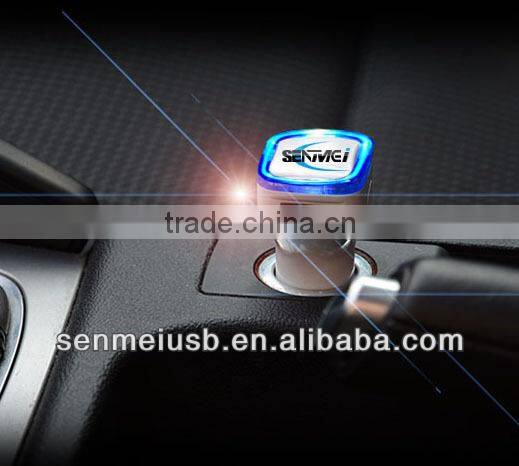 Circle shape dual output mini usb car charger with colorful led lamp ring