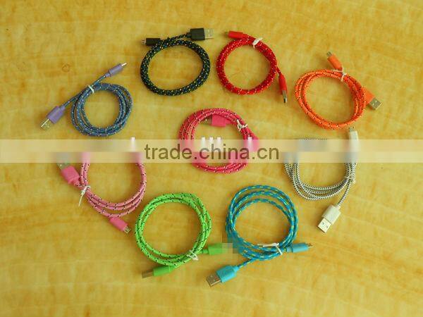 2014 wholesale colorful fabric braided usb data cable