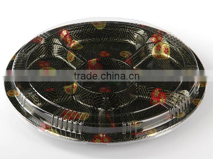 13" round embossing sakura PS plastic 6 compartment disposable food tray
