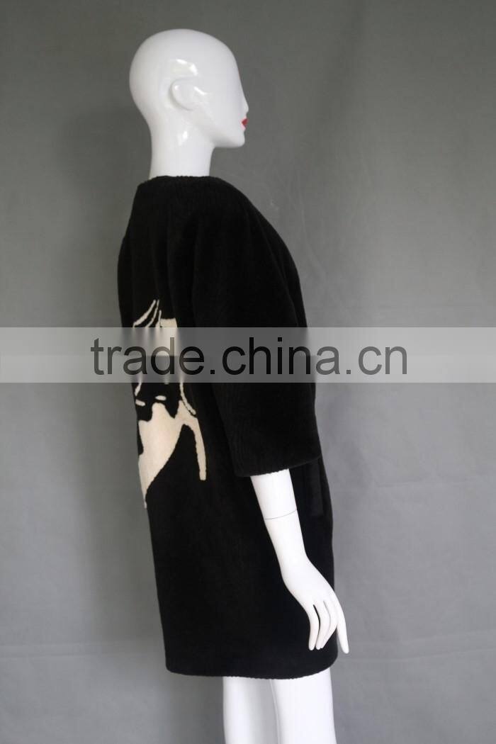 Hot sale embroidery medium sleeve women long overcoat shearing sheep fur coat parka with real lamb fur