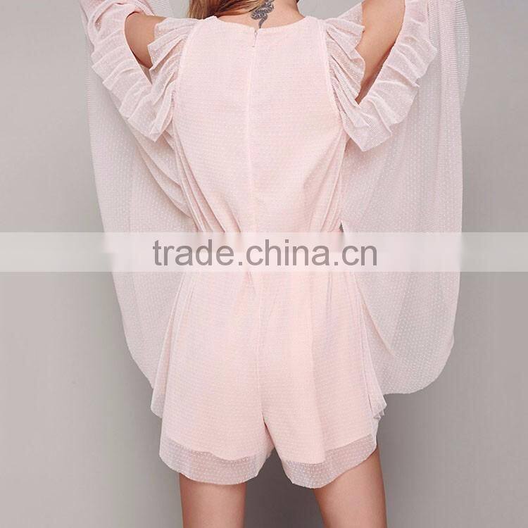 OEM Europ Girls romantic pink fashion cold shoulder double layer ruffle jumpsuits