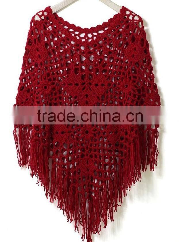 15SHT8004 bamboo crochet fringe cape poncho