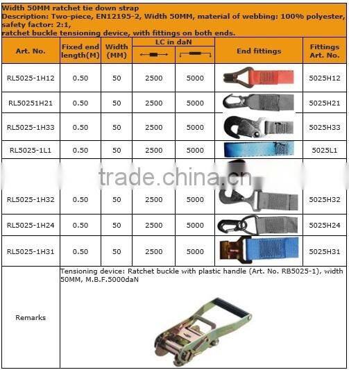 Width 50mm ratchet tie down strap;retractable ratchet strap;metal ratchet strap