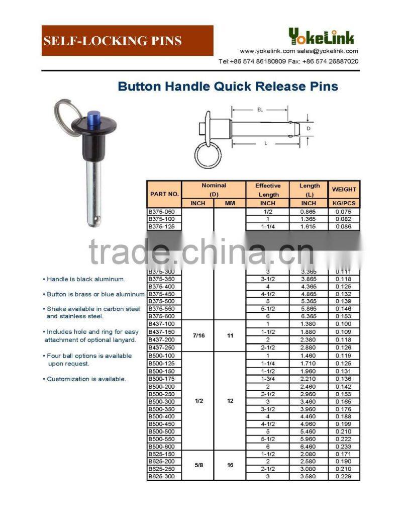High strength Aluminum handle button handle lock pin with stainless lanyard
