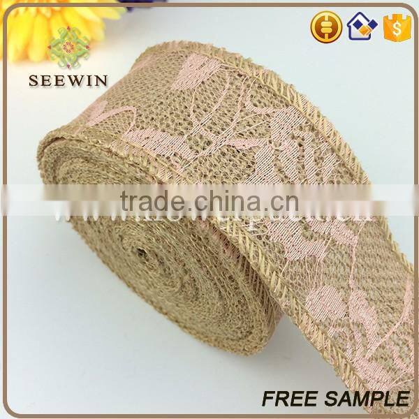 high quality raw natural jute italian ribbon with rose pattern for sales