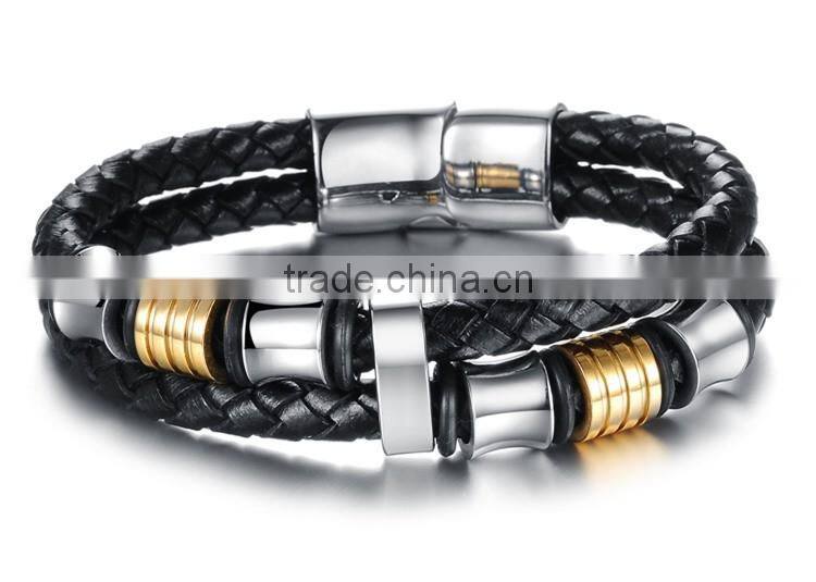 Silver Plated Stainless Steel Charms with Black Leather for Men Magnetic Bracelet