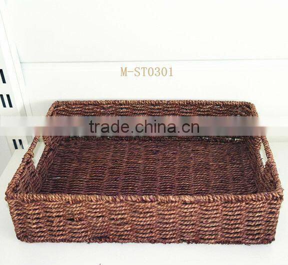 Purple rectangle straw storage basket with pink canvas liner