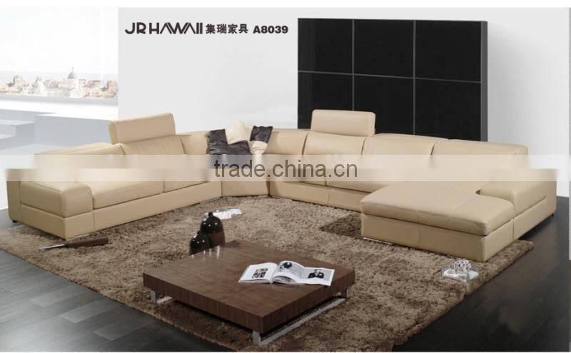 JR8039 Guangzhou Foshan modern living room leather sofa U shape functional sectional sofa stainless steel feet big sofa