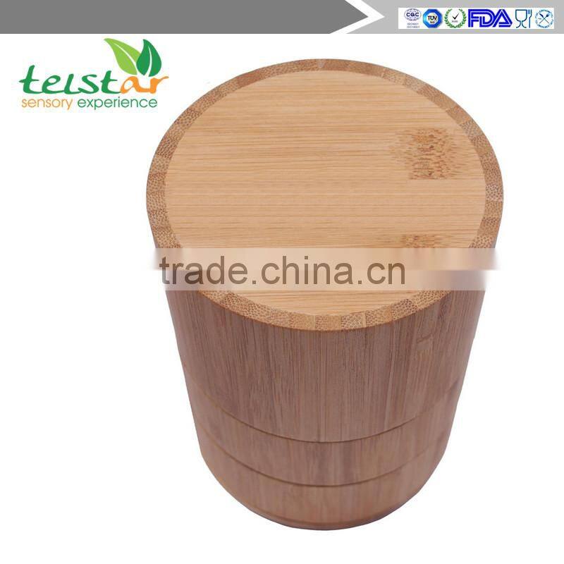 Bamboo 3-Tiered Seasoning Spice Salt Storage Box With Removable Rotating Magnetic Lid