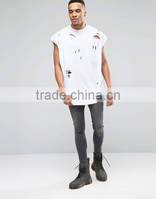 Customize men cheap 100% cotton super oversized jersey t-shirt with distressing and curved hem