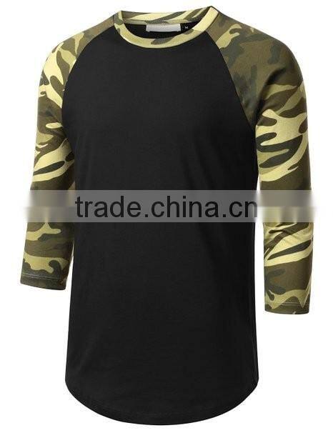 Classic Crewneck 3/4 Sleeve Raglan Shirt Men's Casual Baseball T Shirt with Camo Sleeves Jersey Shirt Wholesale