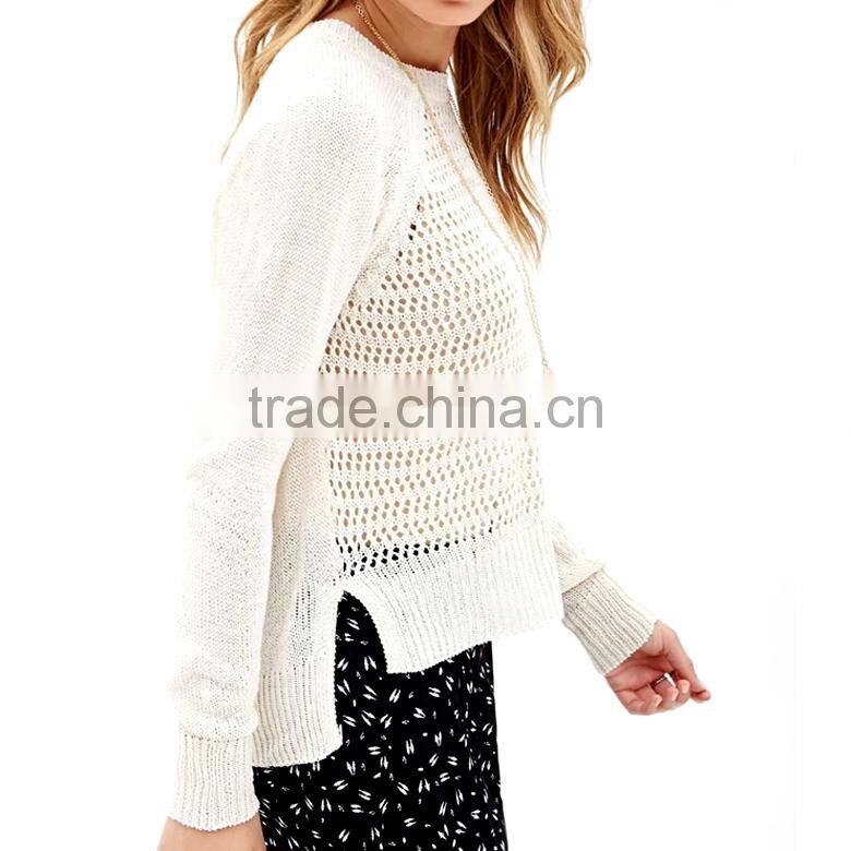 round neck hollow knitted stylish woman thin sweaters with hem split