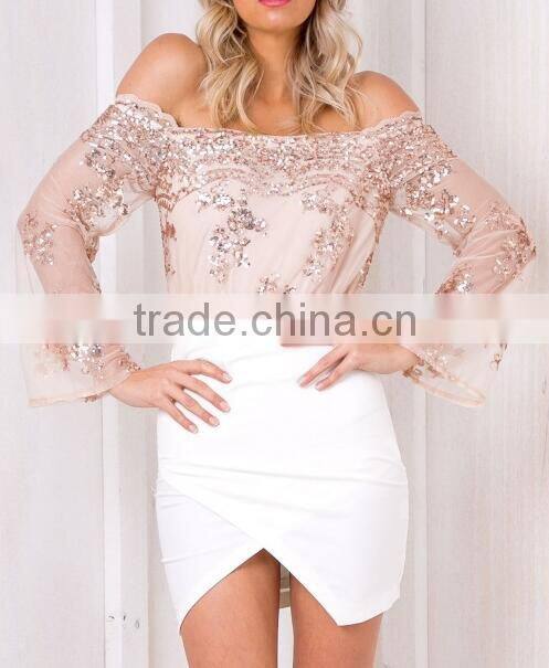 Runwaylover 116 New Design 2017 Ladies Sexy Off-Shoulder Sequins Embroidery Bodysuits