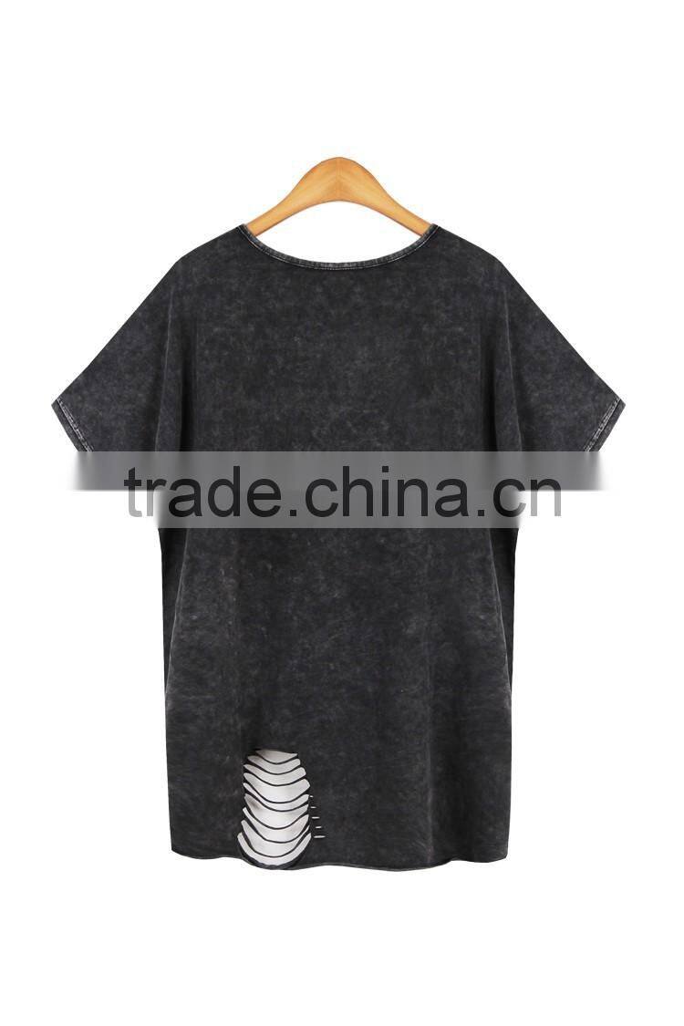 Women's hollowed-out short sleeve washed vintage 100% cotton t shirt with rivets