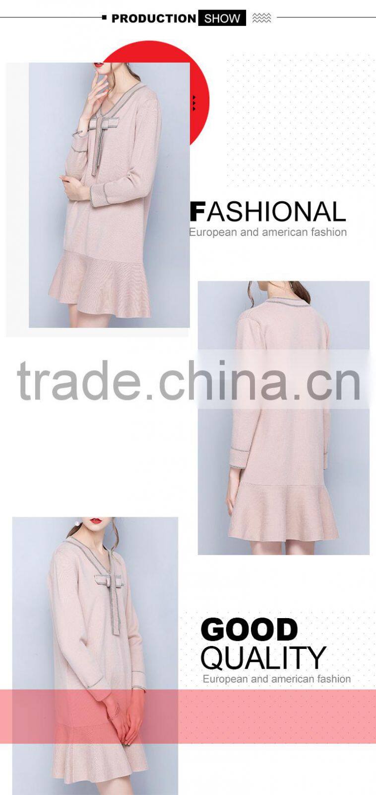New season China factory mature ladies v neck loose sweater dress for wholesale