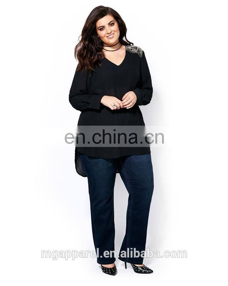 Casual Blouse For Fat Woman Fashion Design Long Sleeve Beaded Lady Blouse