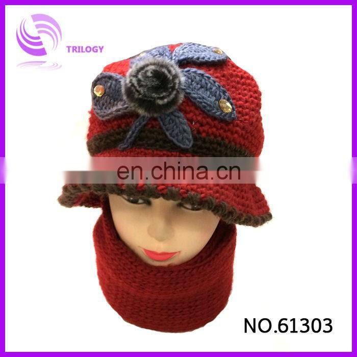 acrylic knitted lady and girls winter cap with bowknot