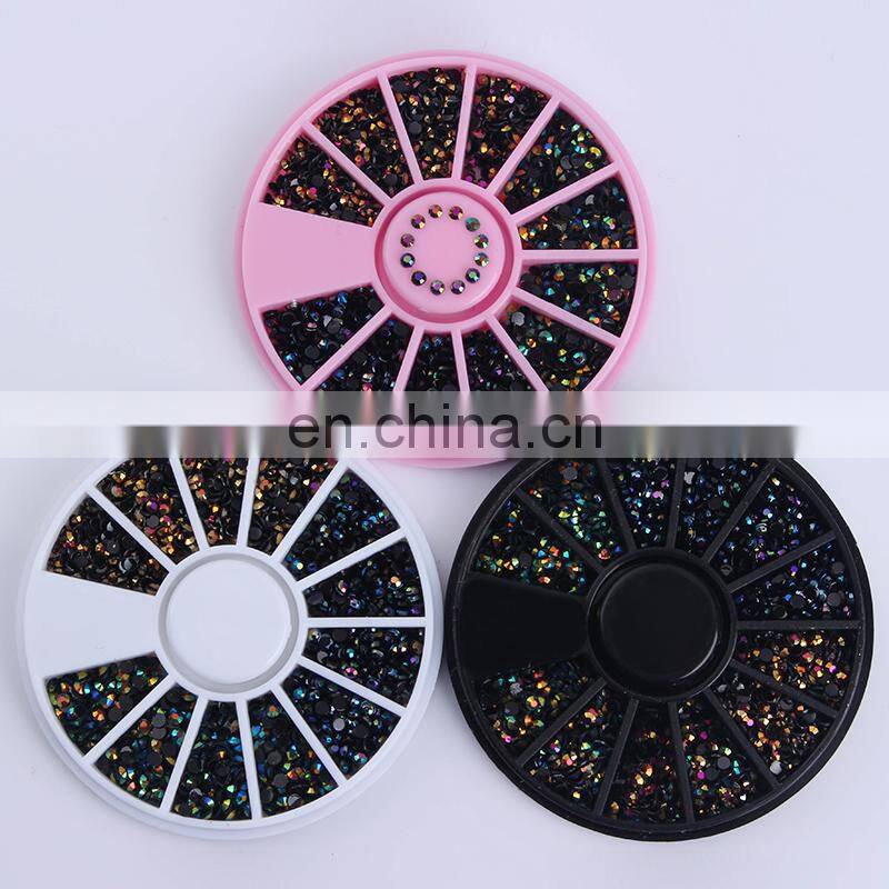 1 Box Black Shiny Nail Rhinestones 3D Art Decorations in Wheel Flat Bottom Manicure DIY Accessories