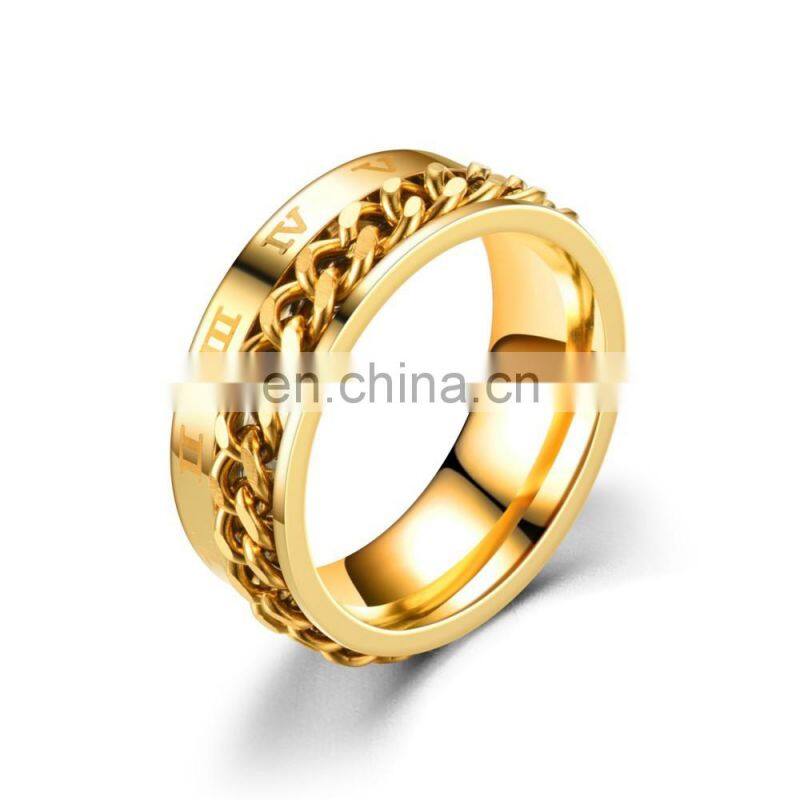 Rotatable Curb Chain Ring for Men 8mm Stainless Steel Roman Numeral Band Male Punk Jewelry Rings