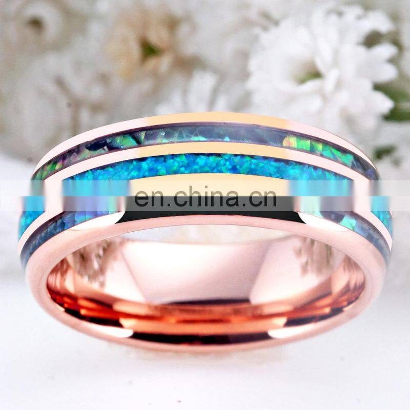 Fashion 8mm Rose Gold Tungsten Wedding Men Stainless Steel Rings Inlay Abalone Shell Blue Opal Rings Men Wedding Band Jewelry
