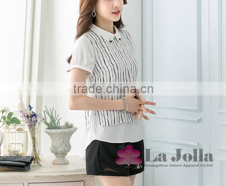 Lastest Summer Chiffon White Stripes Between Black Blouse 090