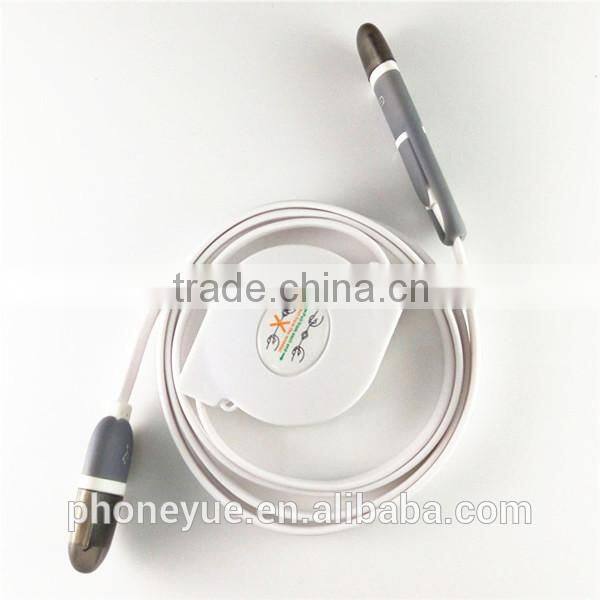 2 in 1 data sync and charging cable one way flat retractable usb cable