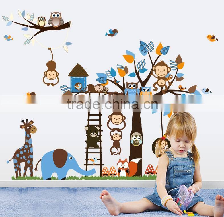 2016 Large Size Kids Cartoon Monkey Giraffe Owl Bird Wall Stickers