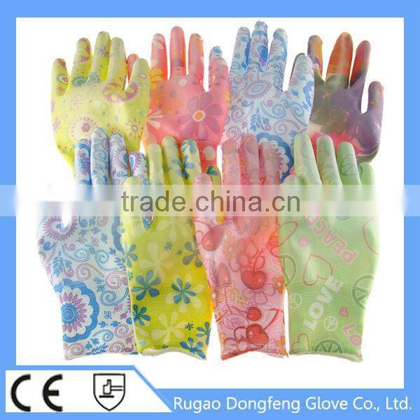 High Performance Polyester Printing Transparent Nitrile Coated Gardening Gloves