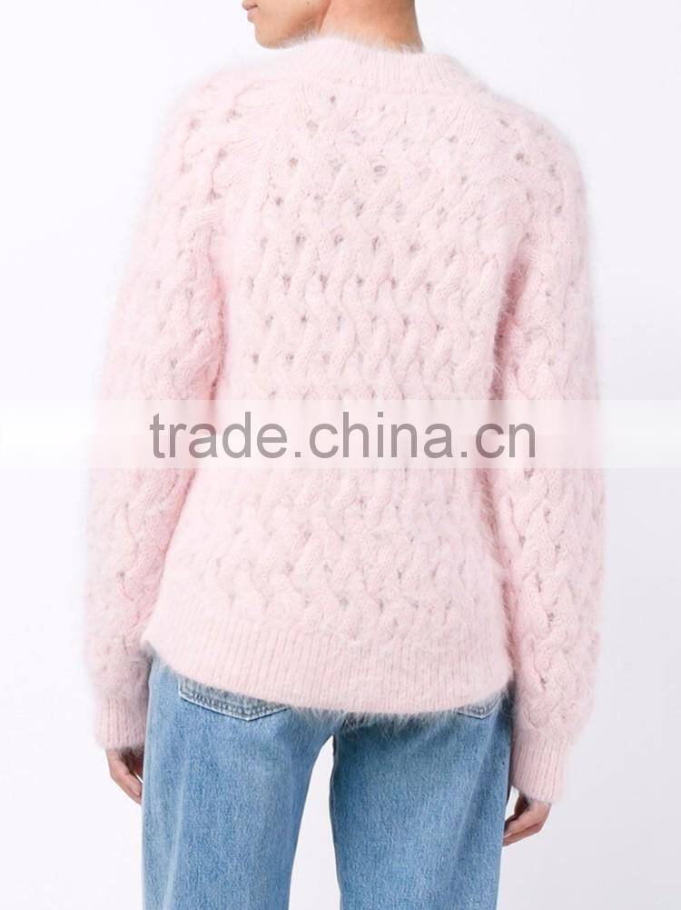 Pink blended thick knitting round collar buckles with ultra long sleeves