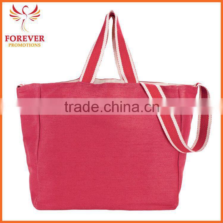 16" Silk- screen Logo Black Red Jute Tote Shopper Bag With Handles and Shoulder Strap