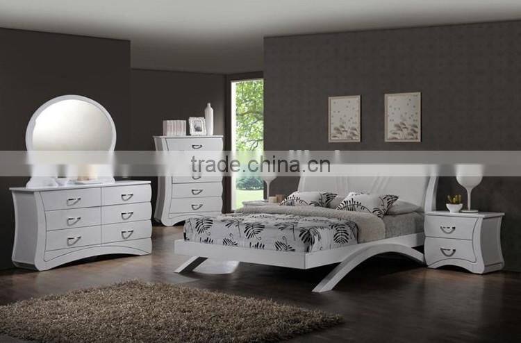 Creative design white wooden bedroom furniture bed with leather upholstered headboard