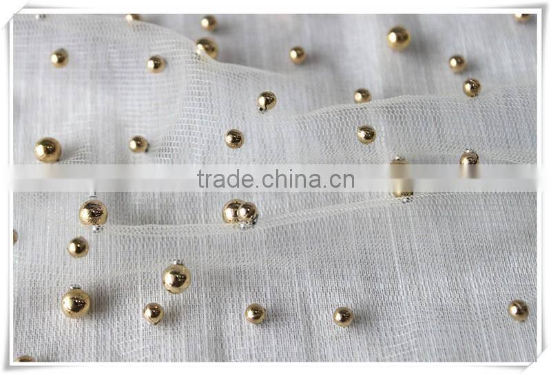 New arrival Transparent tulle soft beige net fabric with gold beads for Girl's dress