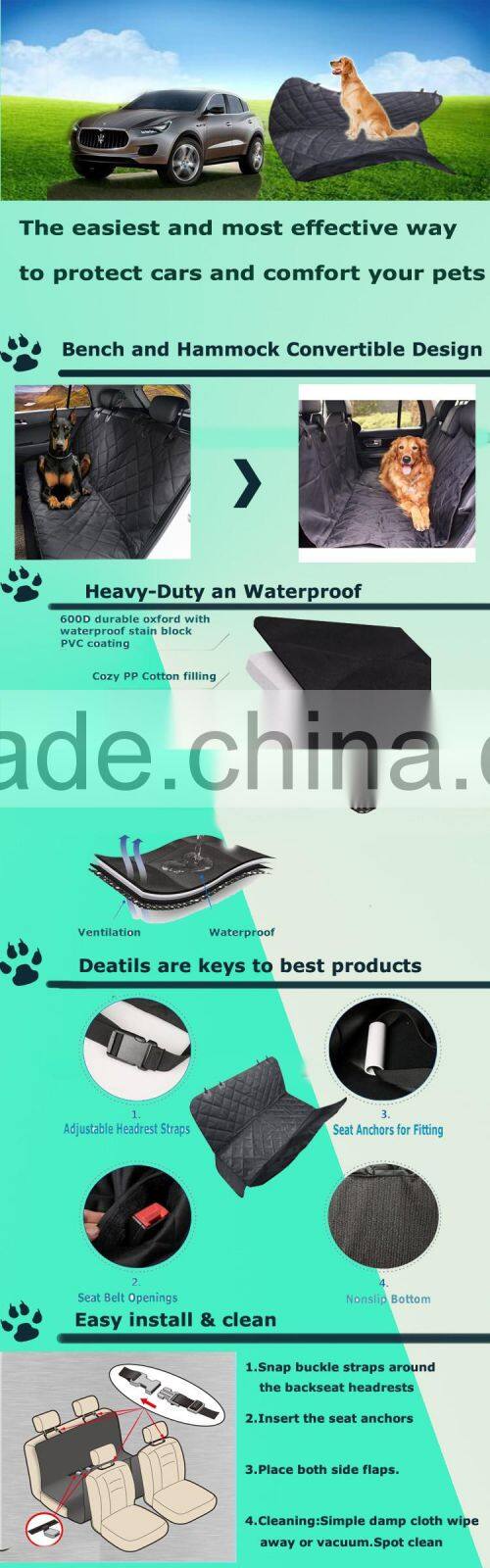 Soft Quilted foldable Waterproof Hammock Pet car Seat Cover with side flaps