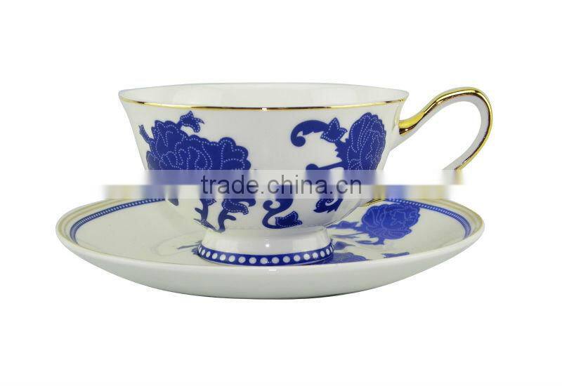 200ml Bone China European Style Blue Flower Pattern tea cup with plate Set for promotion gift