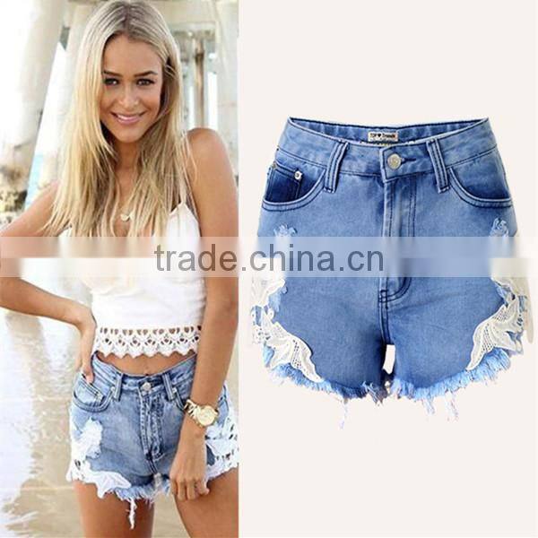 Bohemia style women high waist ripped jeans lace shorts