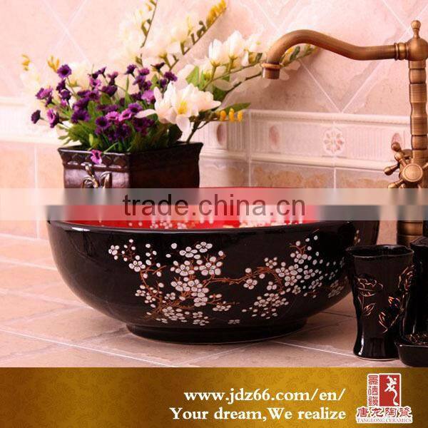 Classical round shaped red and black glaze ceramic kitchen sink