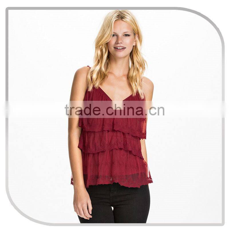 Fashion Women Lace Fabric Crochet Ruffle Womens Lace Tops For Women 2016