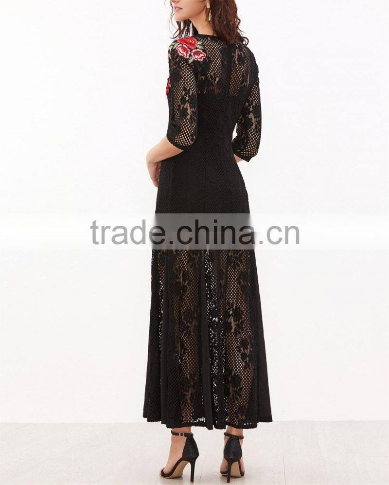 High Quality Brand Black Flower Embroidered Maxi Dresses Ladies Elegant Hollow Out Crochet Long Dresses Women's