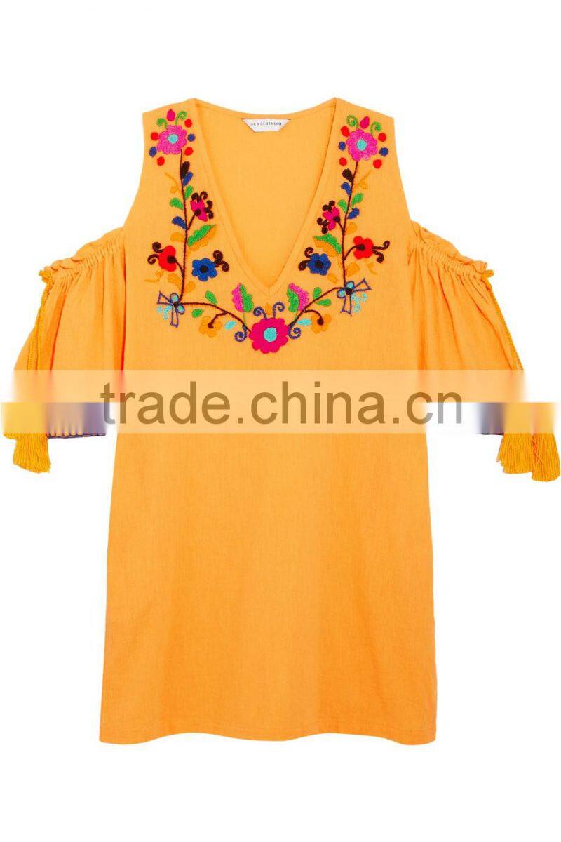 boho cold-shoulder flora embroidered crinkled cotton mini dress mexican western dresses names HSd5199