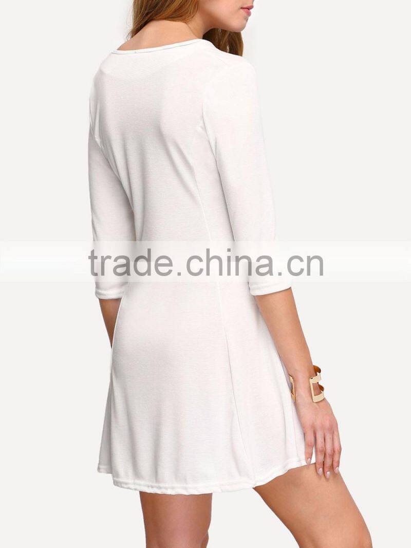 White Zipper A-Line Dress Plain Casual Polyester Fabric Spring V Neck Short Dress With 3/4 Sleeve