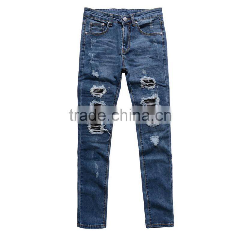 2016Men biker Skinny jeans buttom side zipper knee protection elastic jeans denim Biker jeans pants in stock accept small order