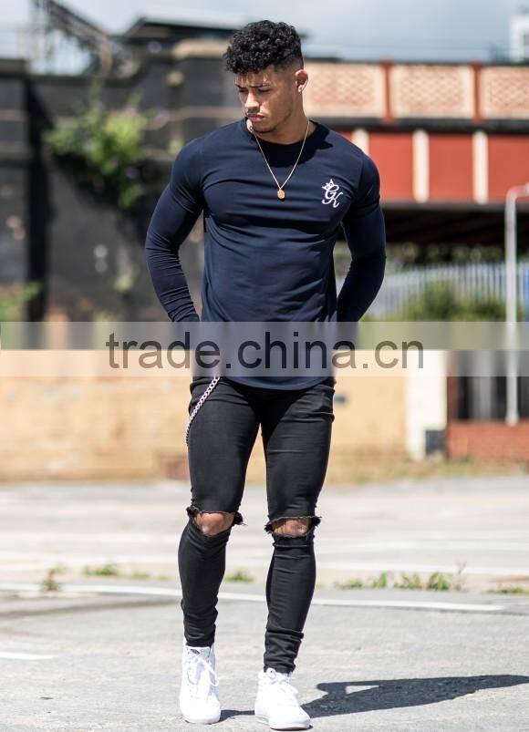 Navy Blue Mens Long Sleeve Muscle Fit T-Shirt Long Drop Curved Hem T Shirt Elongated Muscle Gym T Shirt Longline Gym Shirt