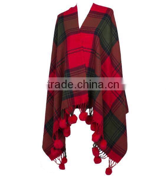 2017 autumn winter pompom trims tartan plaid ladies shawl