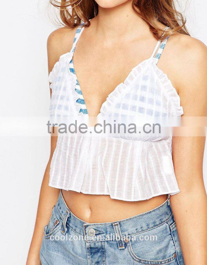 Pleated Striped V-neck Cute Beach Crop Top Wholesale Women Tops