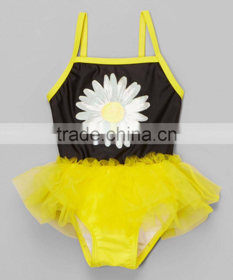 Latest Girl Swimsuit With Yellow And Black Daisy Skirted One-Piece Girl Beachwear Child Clothes G-NP-S905-320