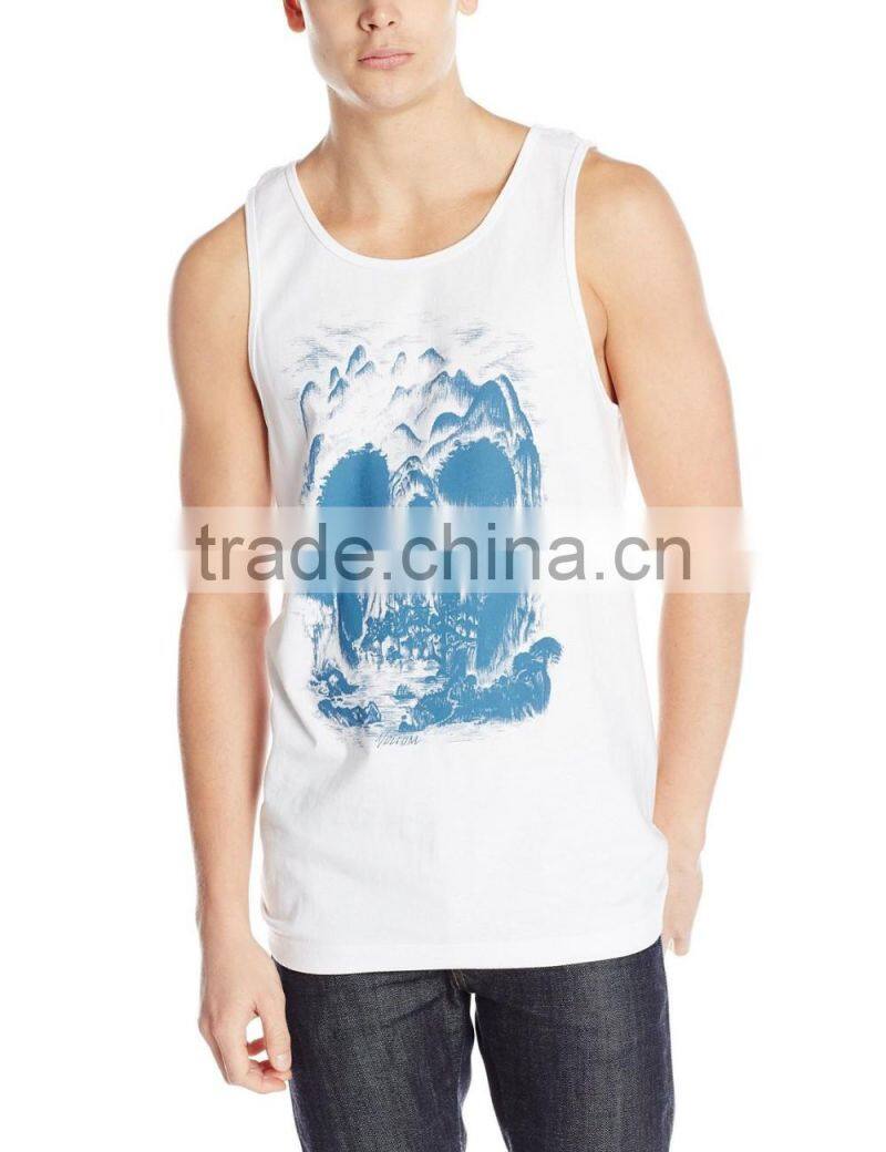 mens custom white 100% cotton front print singlet/tank tops