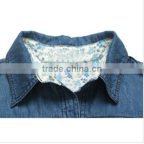 new lady's long sleeve loose casual contrast color denim shirt with two pockets