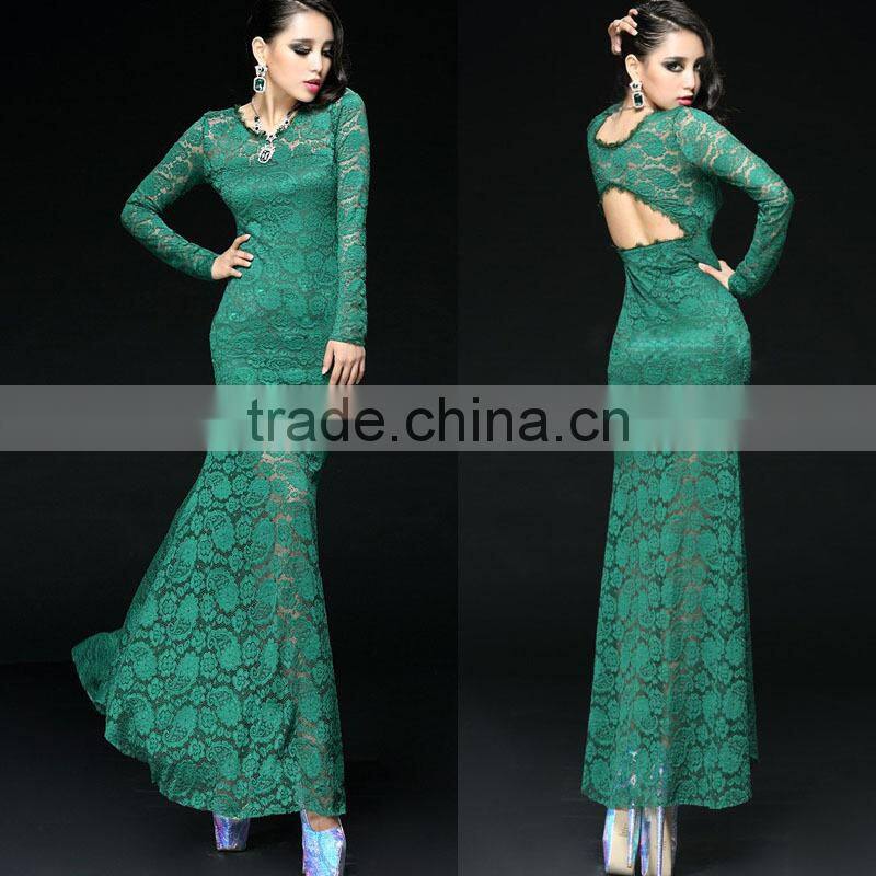 hot selling new designed long sleeve lace evening gown back open ladies bodycon design long sleeve lace evening gown